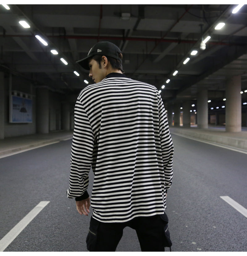 Oversized Striped T-Shirt with Ribbed Collar