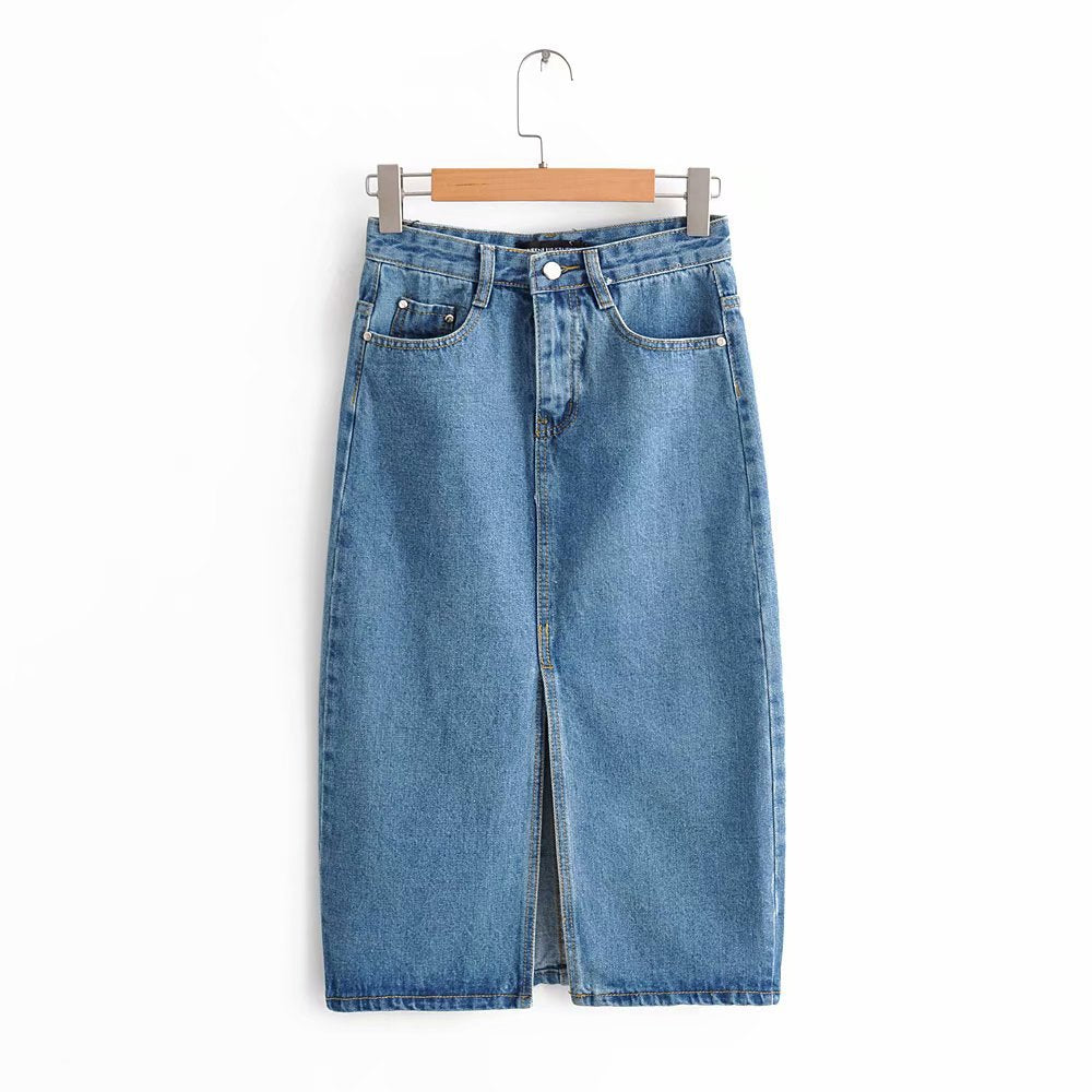 Split Hem Denim Skirt, Bodycon Denim Midi Skirt