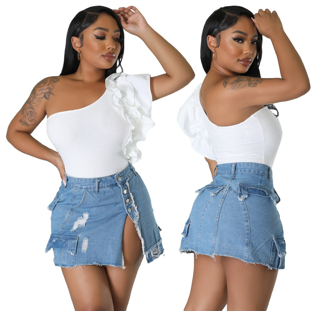 Ripped Pocket Denim Hip Skirt