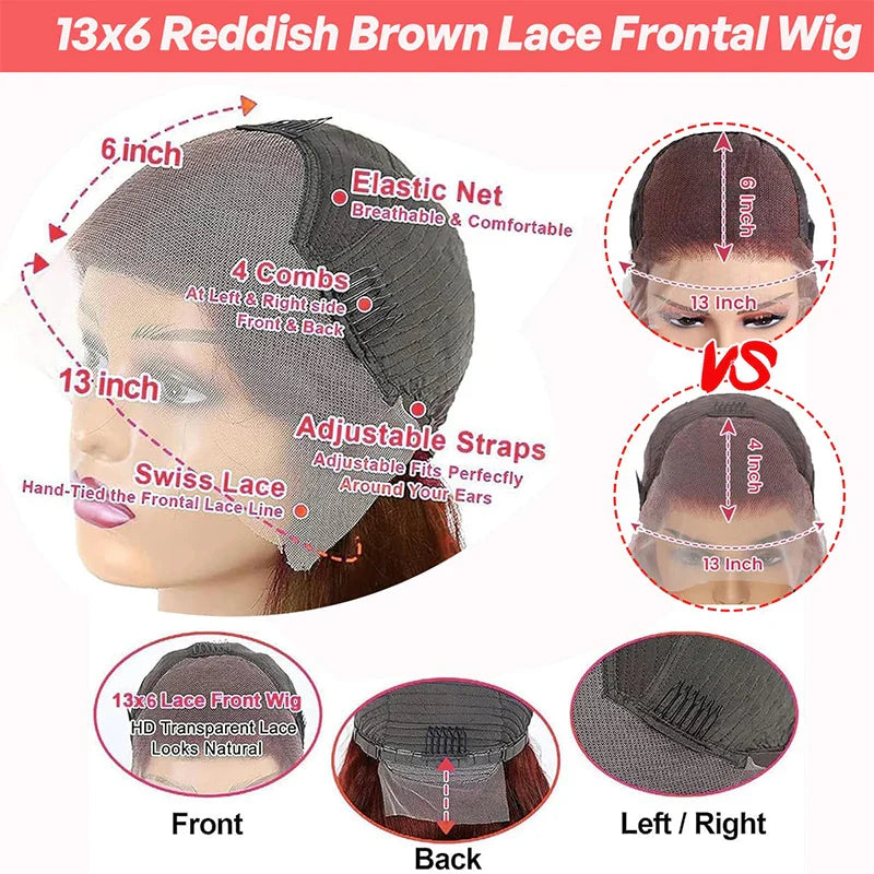 Body Wave Reddish Brown 13x6 Lace Front Wigs Human Hair Pre Plucked With Baby Hair #33 Colored Wigs for Women 180% Density