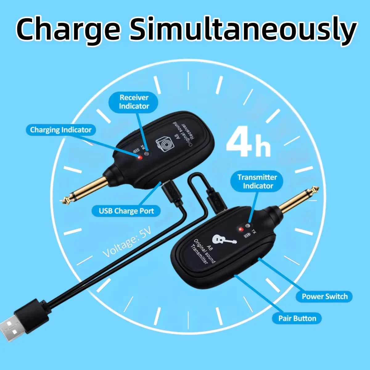 A8 Guitar Wireless System - Built-in Rechargeable Transmitter & Receiver for Electric Guitar/Bass