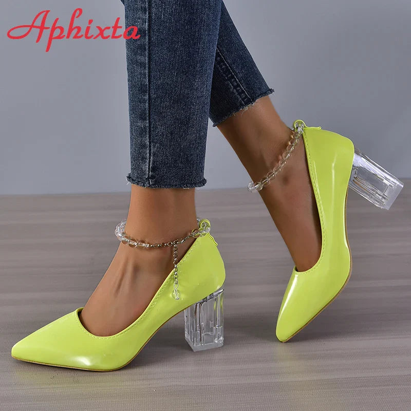 Aphixta 2025 New Luxury Transparent Bead Chain 7cm Transparent Chunky Heels Pumps Women Shoes String Bead Pointed Toe Pumps