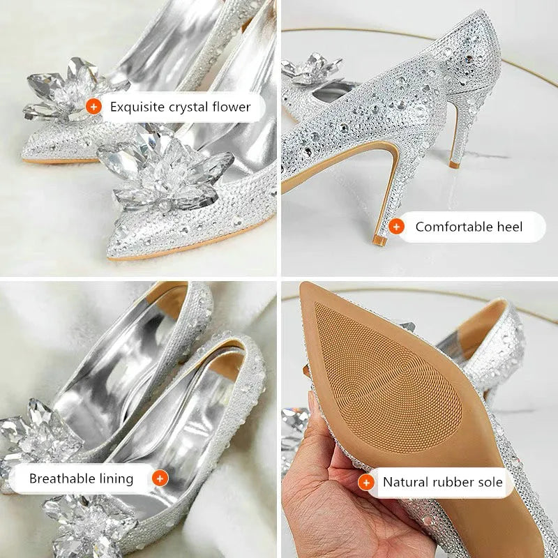 Newest Silver High Heels Wedding Women Shoes Diamond Pumps Crystal Shoes Rhinestone Pointed Toe Glitter Party