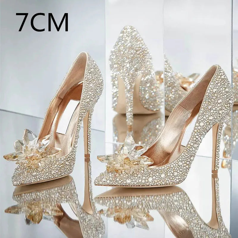 Newest Silver High Heels Wedding Women Shoes Diamond Pumps Crystal Shoes Rhinestone Pointed Toe Glitter Party