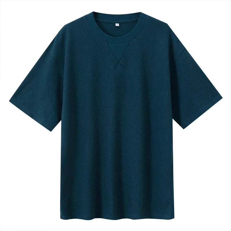2026 New Men's Summer T Shirt 220g Waffle Round Neck T-shirt Solid Color Loose Simple Short Sleeve Top T Shirts