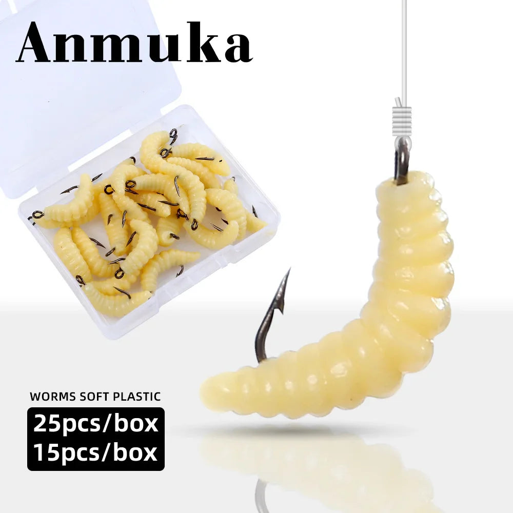 Bionic Rubber Maggot Fishing Bait Set Hooks Luminous Grub Lures Bass Trout Crappie Bluegill Ideal Freshwater Lake River Fishing