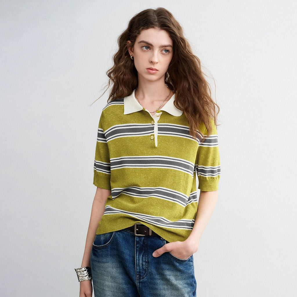 TOYOUTH Women Intellectual Striped Polo Shirt 2026 Spring New Lyocell Linen Breathable Comfort Knit Top