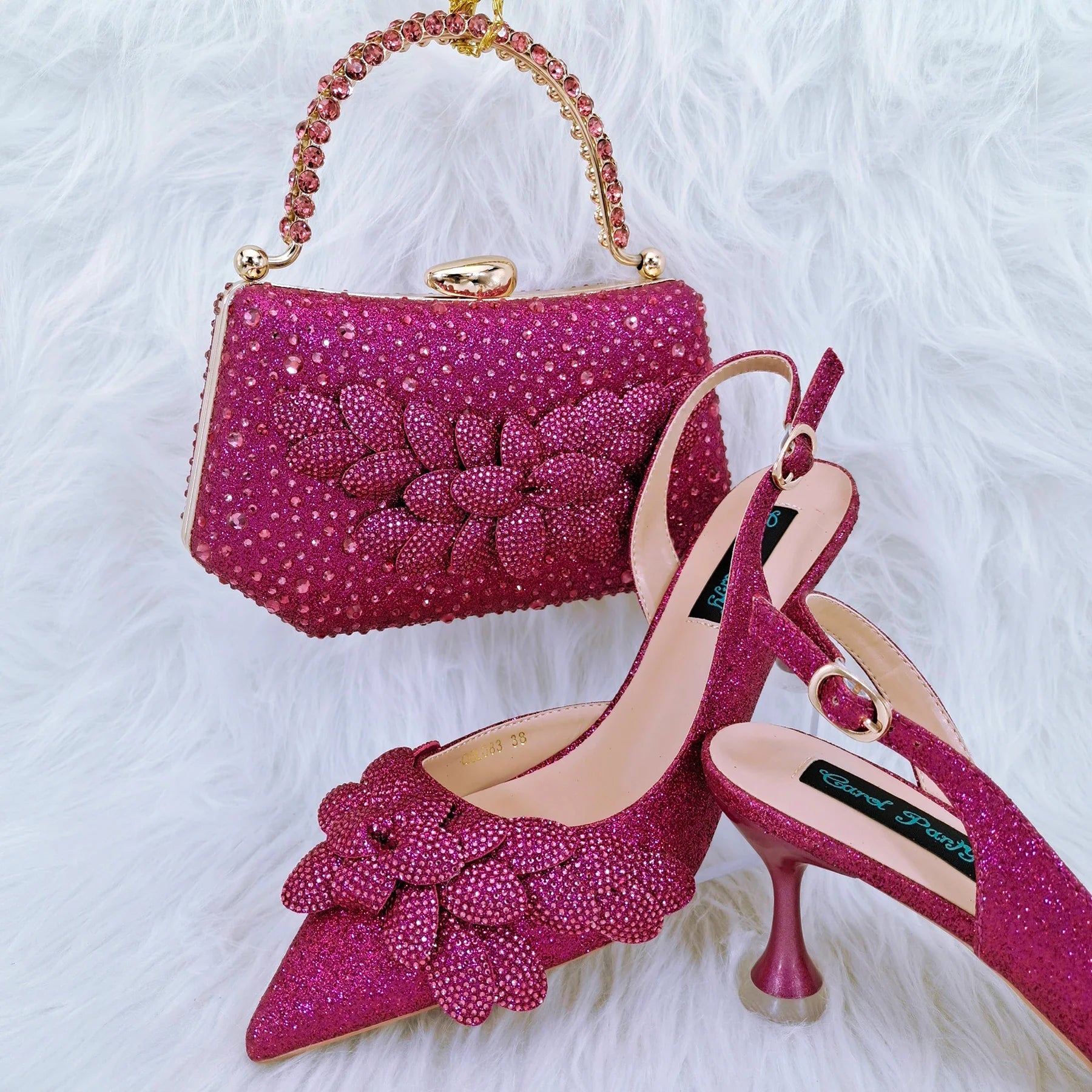 New Nigerian Best Selling Handmade Garland Gag and Shoes Fashionable Elegant Pointed Toe Women's Pumps Crystal Handle Clutch
