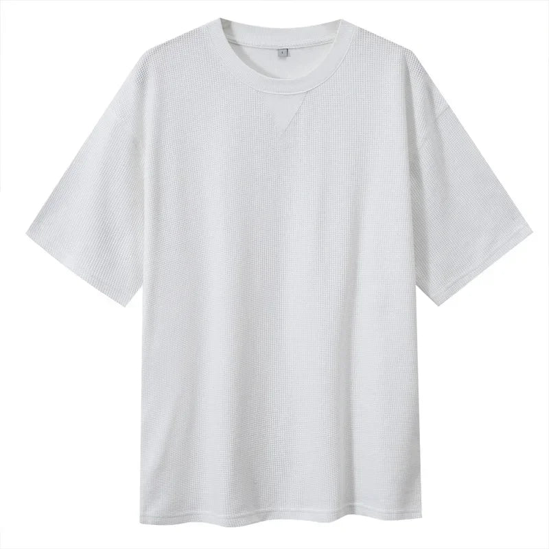 2026 New Men's Summer T Shirt 220g Waffle Round Neck T-shirt Solid Color Loose Simple Short Sleeve Top T Shirts