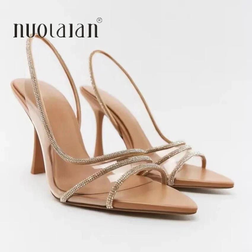 Fashion Women Pumps Sandals Summer Sexy Slingback High Heels Rhinestones Elegant Pointed Toe Transparent PVC Party Wedding Shoes