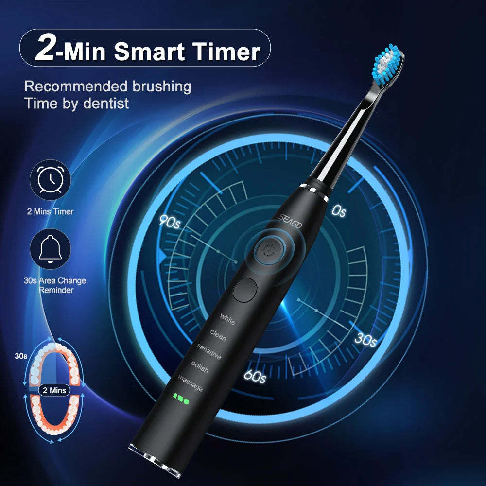 Seago Electric Toothbrush USB Rechargeable Adult 360 Days Long Battery Life IPX7 4 Replacement Heads Travel Box  SG-575