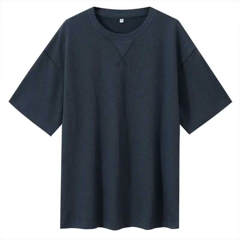 2026 New Men's Summer T Shirt 220g Waffle Round Neck T-shirt Solid Color Loose Simple Short Sleeve Top T Shirts