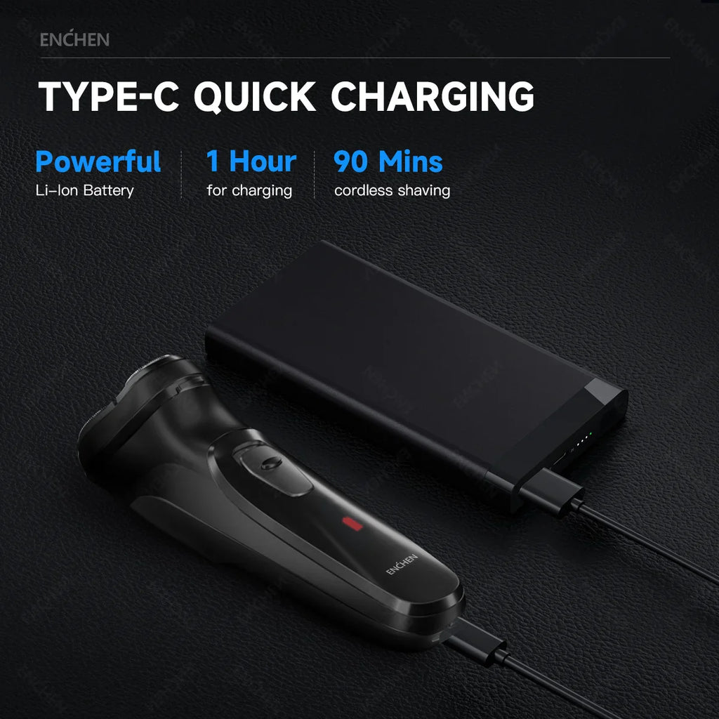 ENCHEN Blackstone Electrical Rotary Shaver for Men 3D Floating Blade Washable Type-C USB Rechargeable Shaving Beard Machine