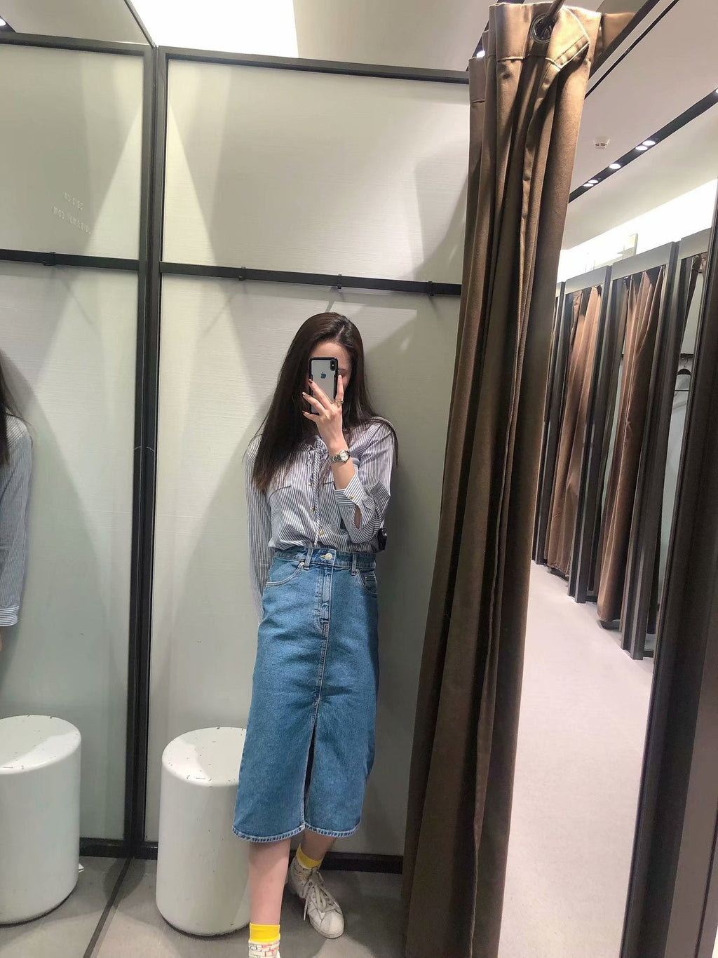 Split Hem Denim Skirt, Bodycon Denim Midi Skirt